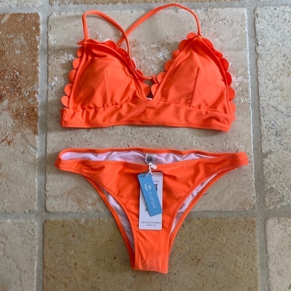 CUPSHE Bikini Cheeky Bottom ruffle top Swim Suit Beach pool summer Orange Sz M - Picture 1 of 8